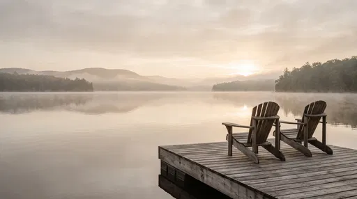 Two Wooden Chairs on Misty Lake Dock