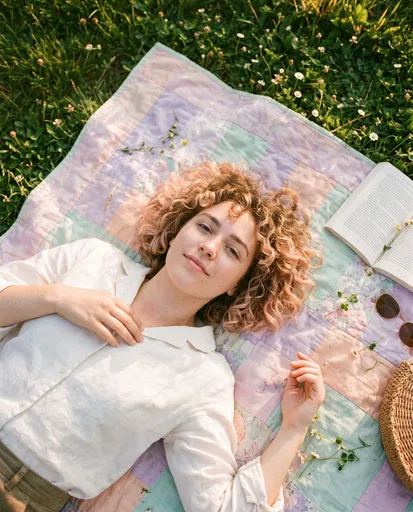 Woman with Curly Hair on Pastel Blanket