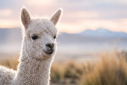 White Baby Alpaca at Sunrise in Mountains
