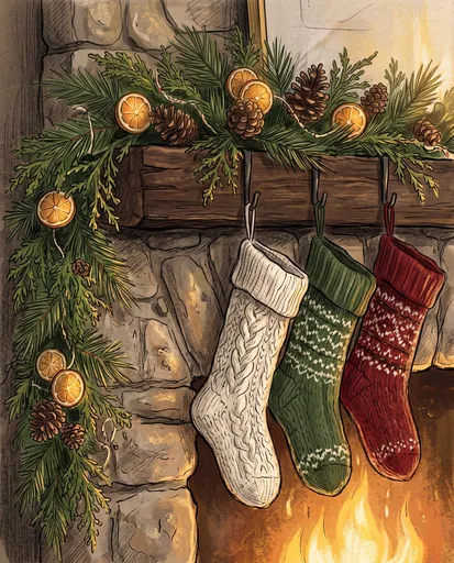 Christmas Stockings Hanging on Rustic Fireplace Mantel