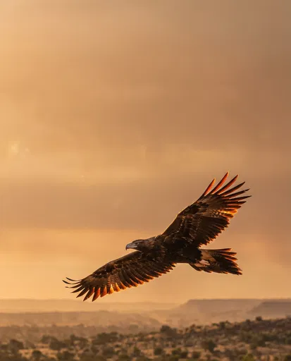 Eagle Soaring Through Golden Sunset Sky