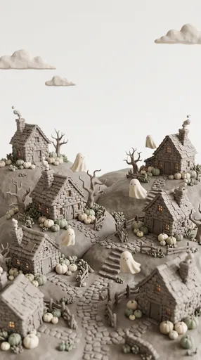 Miniature Clay Halloween Village With Floating Ghosts