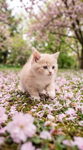 Cream Kitten Walking Through Pink Petals