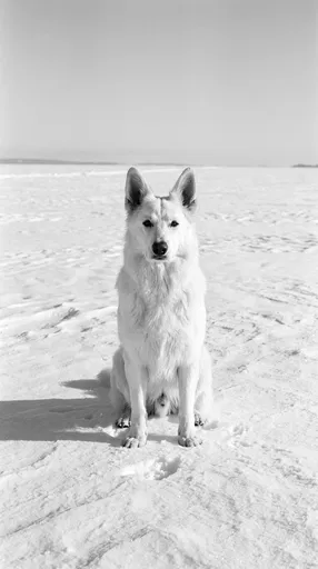 White Shepherd Dog Sitting in Snowfield