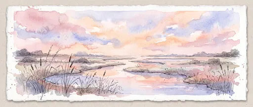 Watercolor Marshland Sunset Illustration on Deckled Paper