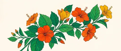 Orange and Yellow Hibiscus Branch Illustration