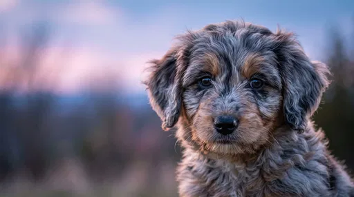 Blue Merle Aussiedoodle Puppy Portrait at Twilight