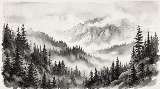 Monochrome Ink Wash Mountain Forest Landscape