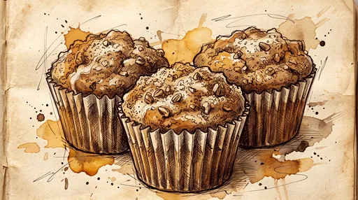 Sepia Ink Sketch of Three Rustic Muffins