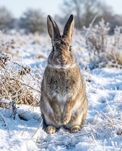 Wild Rabbit Sitting in Winter Snow