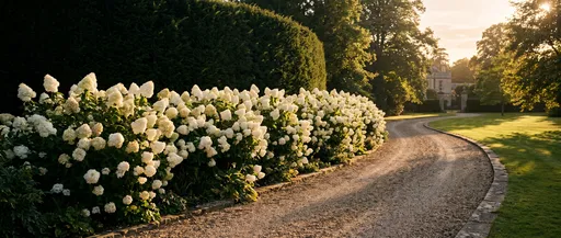 White Hydrangea Hedge Along Gravel Driveway