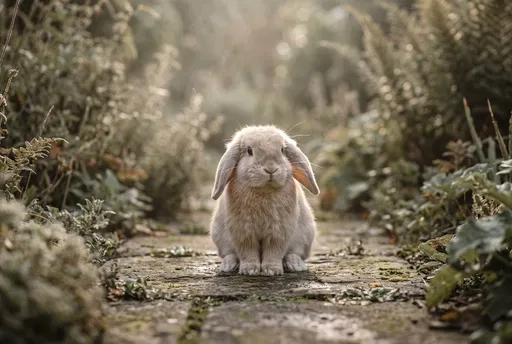 Fluffy Beige Lop Bunny on Garden Path