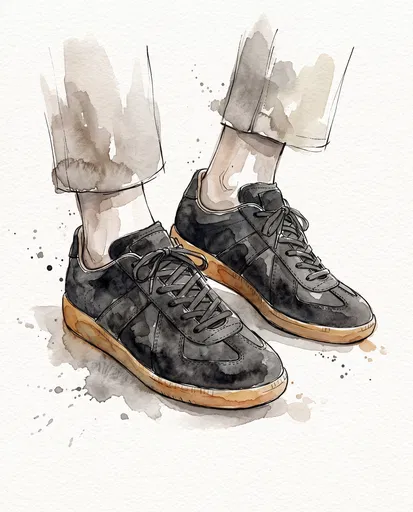 Watercolor Illustration of Black Retro Sneakers