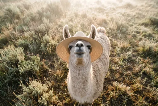 Curious Llama Wearing Beige Sun Hat