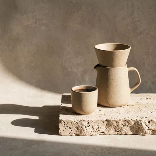 Stoneware Pour-Over Coffee Set on Travertine