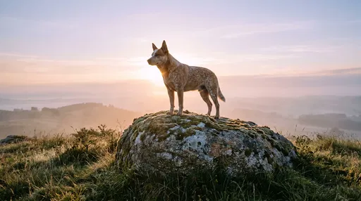 Red Heeler Dog on Boulder at Sunrise
