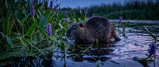 Nutria in Wetland at Blue Hour