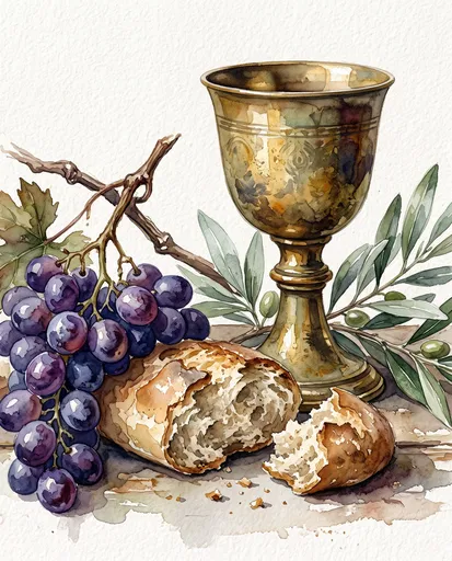 Watercolor Communion Chalice Bread and Grapes