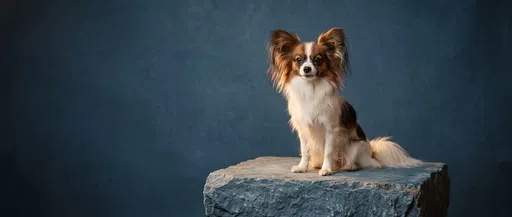 Papillon Dog Sitting on Stone Plinth