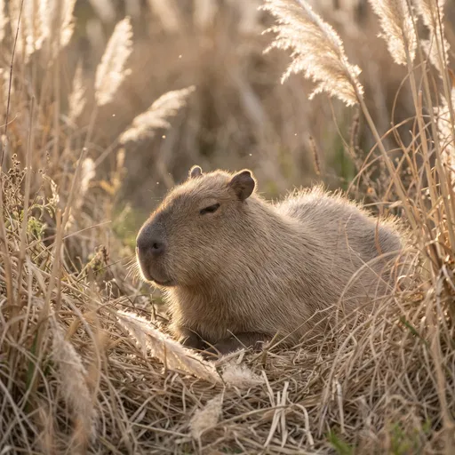 Sleepy Capybara Resting in Golden Grass