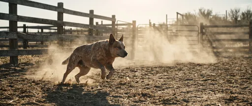 Red Cattle Dog Running in Dusty Corral