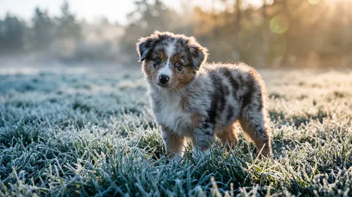 Australian Shepherd Puppy in Frosted Grass