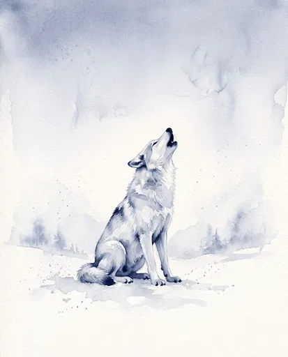 Indigo Watercolor Illustration of Howling Wolf