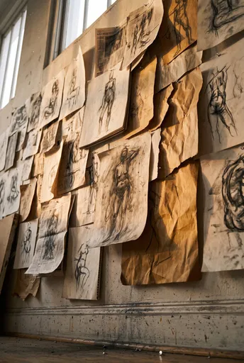 Sunlit Studio Wall With Charcoal Figure Sketches