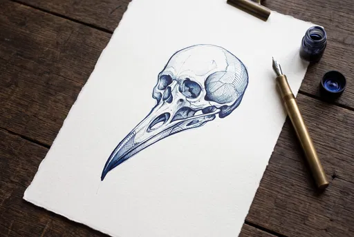 Blue Ink Bird Human Hybrid Skull Sketch