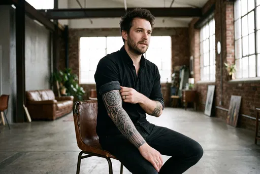Man Showing Gothic Forearm Tattoo in Loft