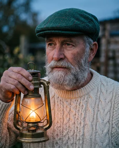 Older Man Holding Glowing Brass Lantern