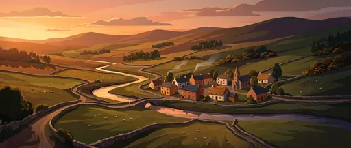 Irish Countryside Village at Sunset Illustration