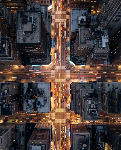 Aerial View of City Intersection at Night