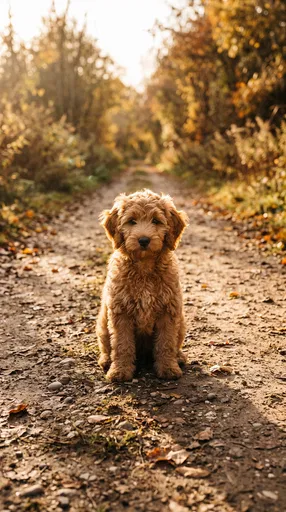 Golden Labradoodle Puppy on Autumn Path