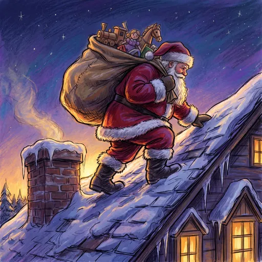 Santa Climbing Snowy Rooftop With Toys