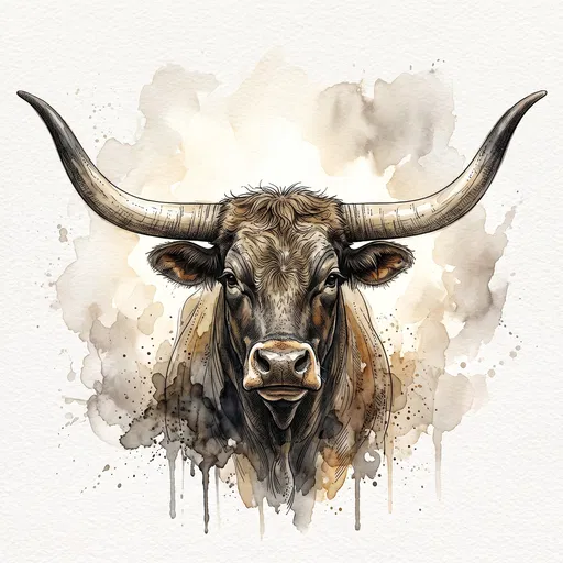 Watercolor Longhorn Bull Portrait Illustration