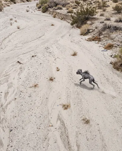 Chupacabra Running Across Sandy Desert Arroyo