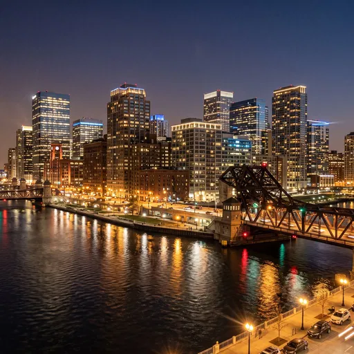 Illuminated Midwestern City Skyline and River Bridge