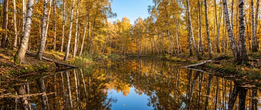 Golden Autumn Birch Trees Reflecting in Pond
