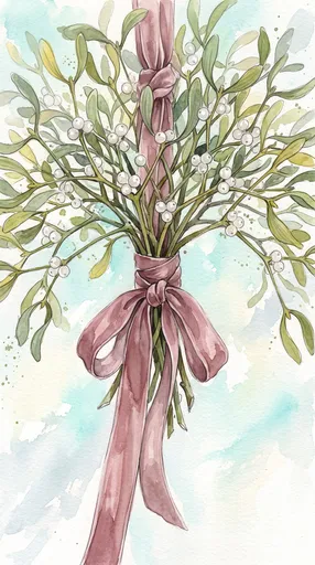 Watercolor Mistletoe with Dusty Rose Ribbon