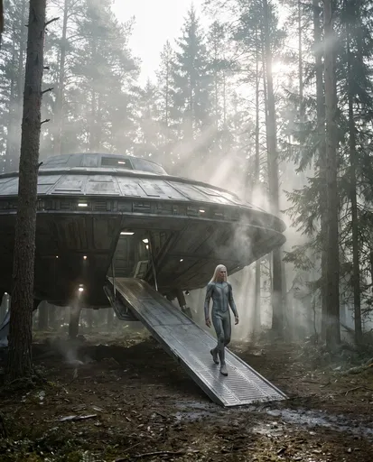 Blonde Alien Exiting Spaceship in Misty Forest