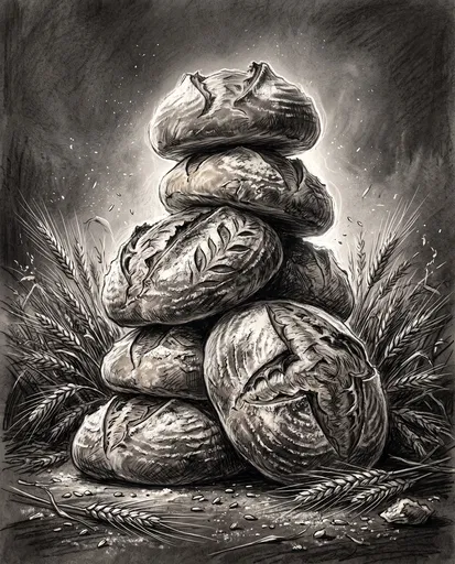 Charcoal Illustration of Stacked Sourdough Bread Loaves