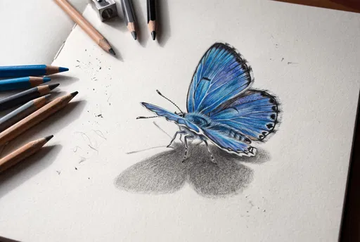 3D Colored Pencil Blue Butterfly Drawing
