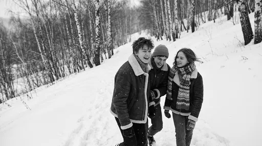 Three Teenagers Laughing on Snowy Birch Hillside