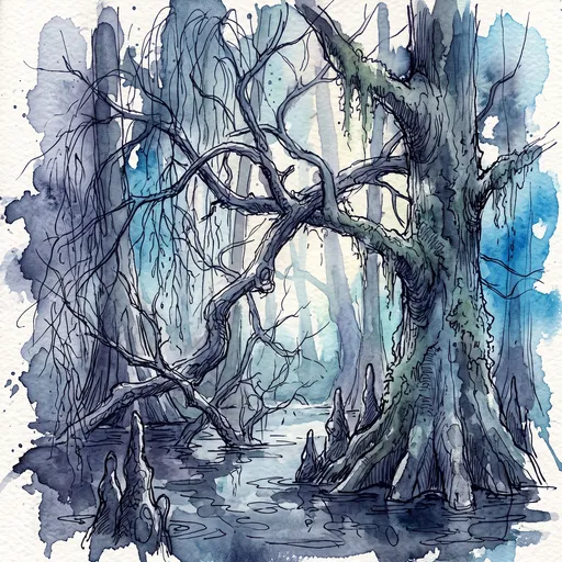 Watercolor and Ink Cypress Swamp Sketch