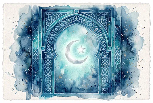 Blue Watercolor Islamic Arch and Crescent