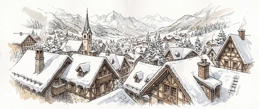 Alpine Village Winter Rooftops Ink Sketch