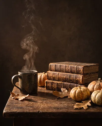 Steaming Mug with Vintage Books and Pumpkins
