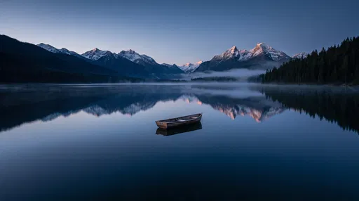 Wooden Rowboat on Calm Alpine Lake