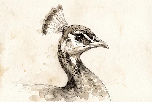 Sepia Watercolor Peahen Portrait Illustration
